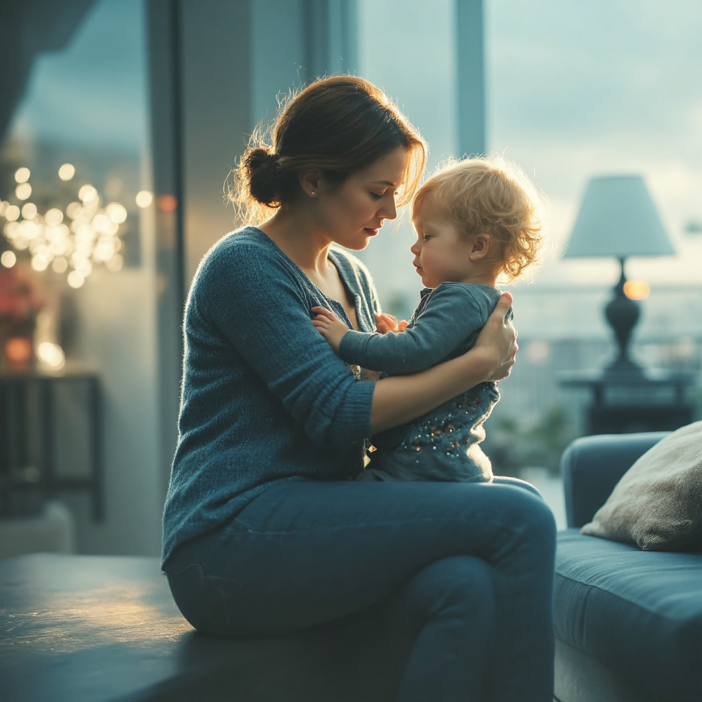Madre e bambino si abbracciano con tenerezza in un momento intimo e sereno, a simboleggiare la trasformazione del senso di colpa genitoriale in consapevolezza e connessione autentica.