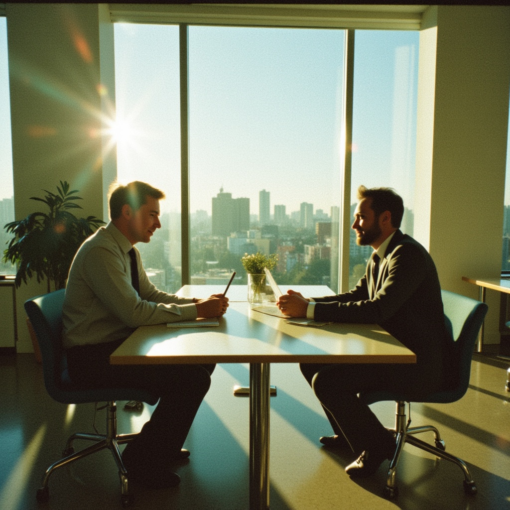 Due professionisti in ufficio durante una sessione di coaching per migliorare l’equilibrio vita-lavoro, con vista sulla città al tramonto