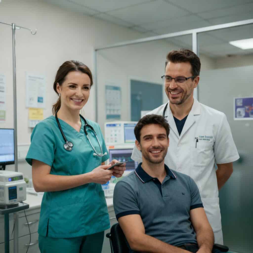 Medici e infermieri sorridenti accanto a un paziente in un reparto moderno, simbolo delle soft skill per operatori sanitari come empatia, ascolto e collaborazione.