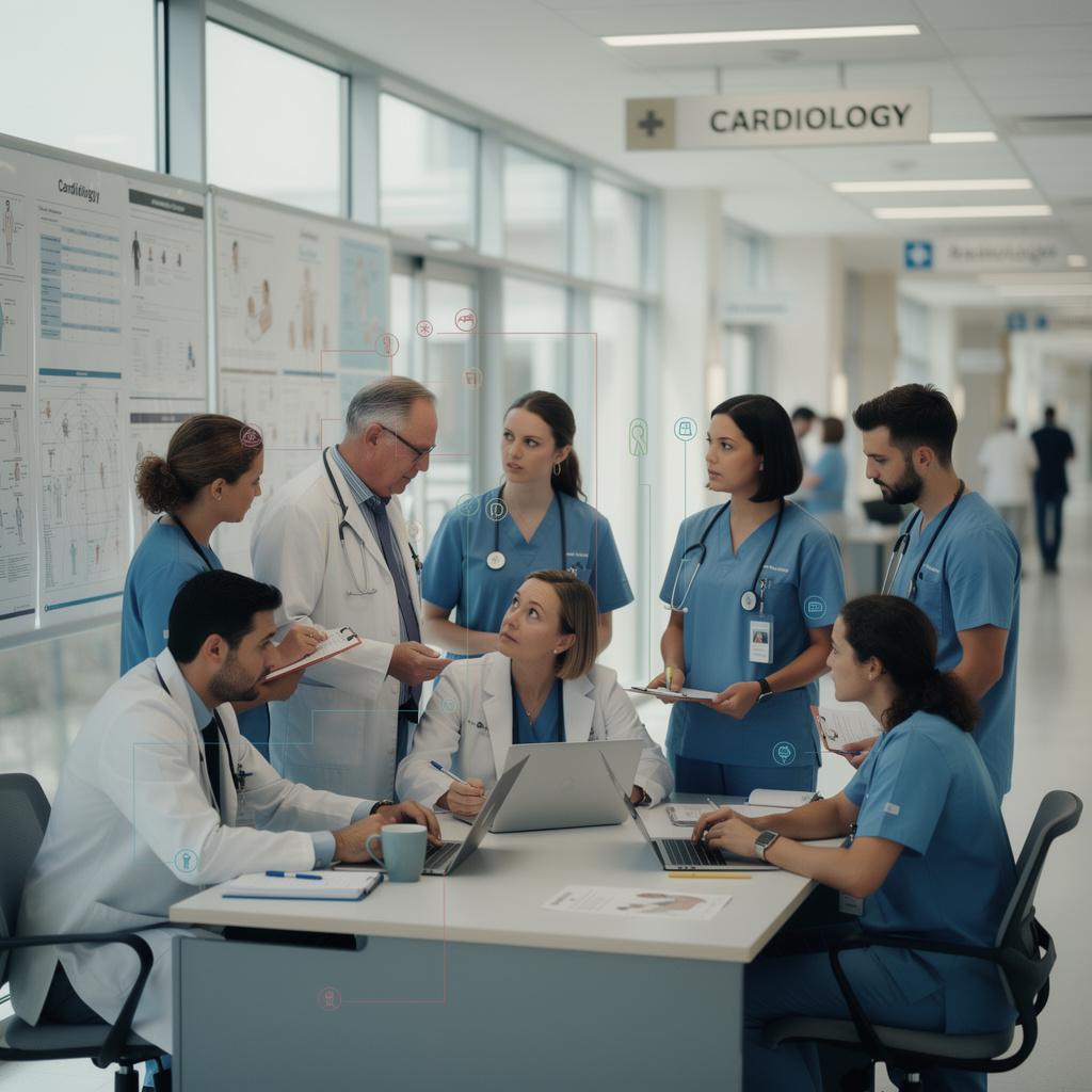 coordinamento tra professionisti sanitari in team multidisciplinare ospedaliero durante riunione clinica, condivisione di informazioni e decisioni operative in contesto sanitario complesso