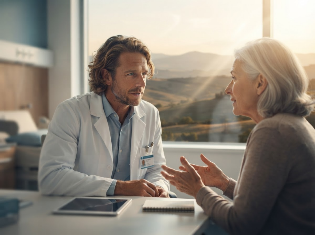 Professionista sanitario che ascolta attentamente il racconto di una paziente durante un colloquio clinico, elemento fondamentale per la qualità delle decisioni cliniche.