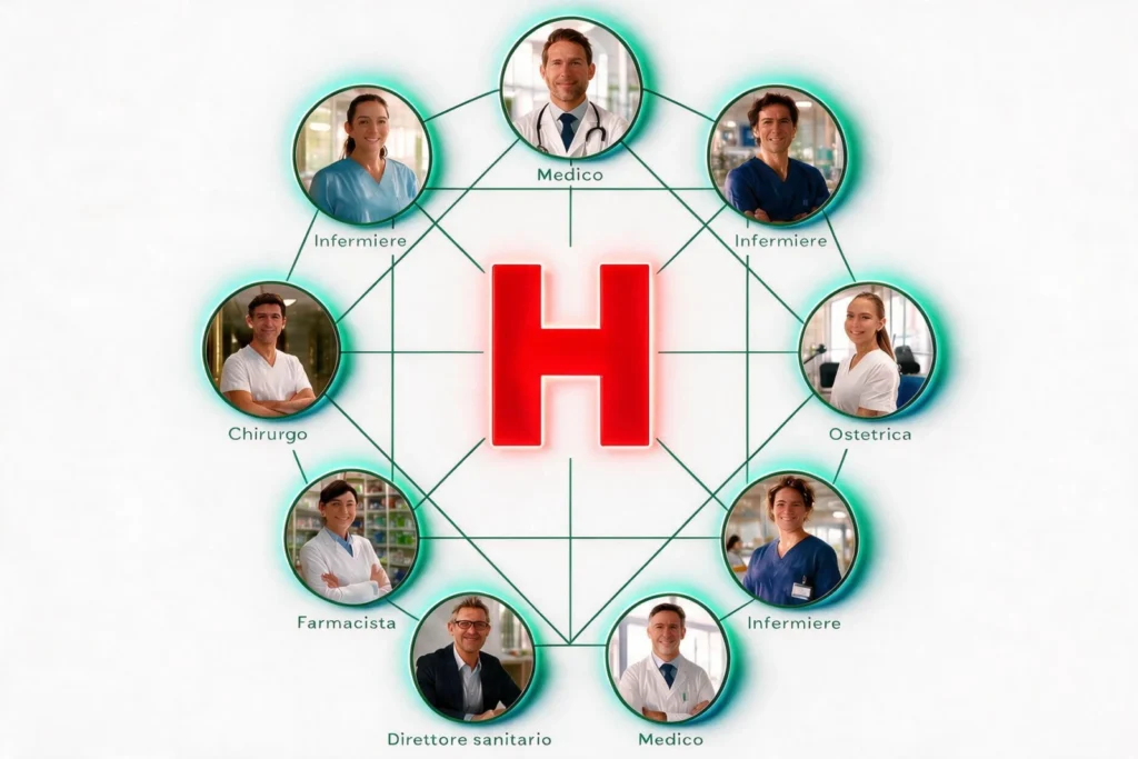 Chiarezza dei ruoli in sanità rappresentata da una rete organizzativa con medico, infermiere, OSS, farmacista, direttore sanitario e altri professionisti collegati attorno all'ospedale.