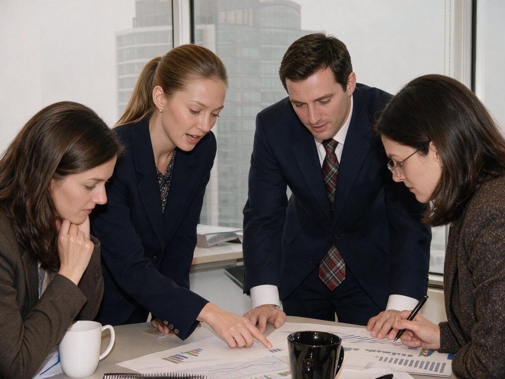 Team di manager durante una riunione sui processi decisionali nelle organizzazioni, mentre analizza dati e definisce le decisioni aziendali