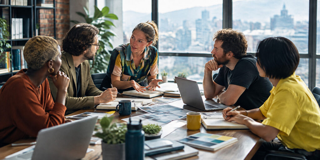 Team di lavoro a confronto durante una riunione sulla comunicazione efficace sul lavoro